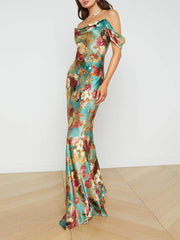 Radiant Off-The-Shoulder Stylish Printed Maxi Dress InsStreet