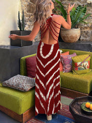 Wave Print Tie Charming Back Stretch Maxi Dress InsStreet