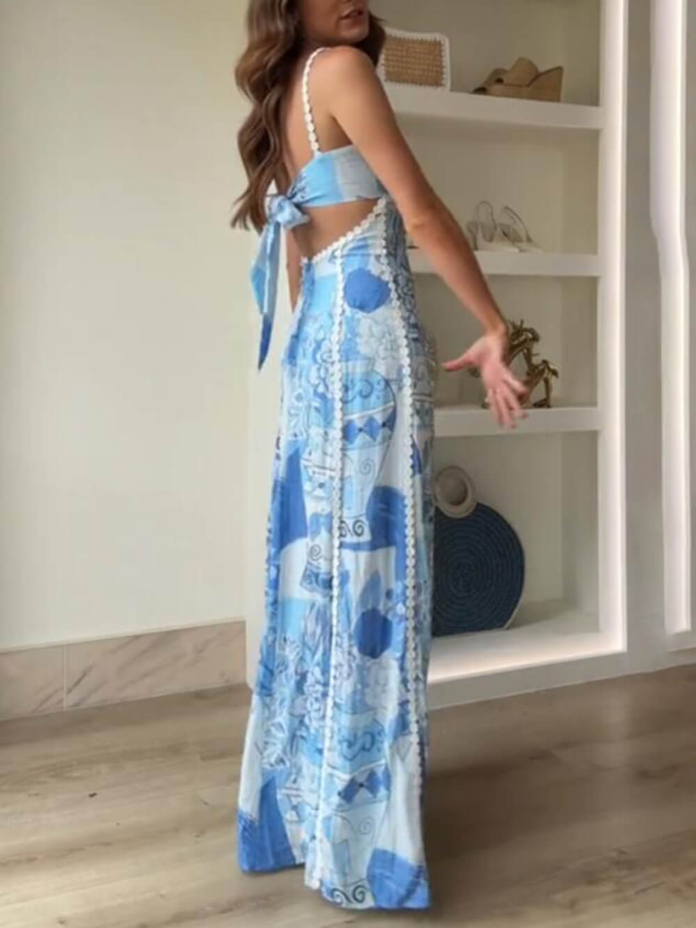 Unique Lace Patchwork Printed Back Trendy Tie Halter Flare Maxi Dresses InsStreet