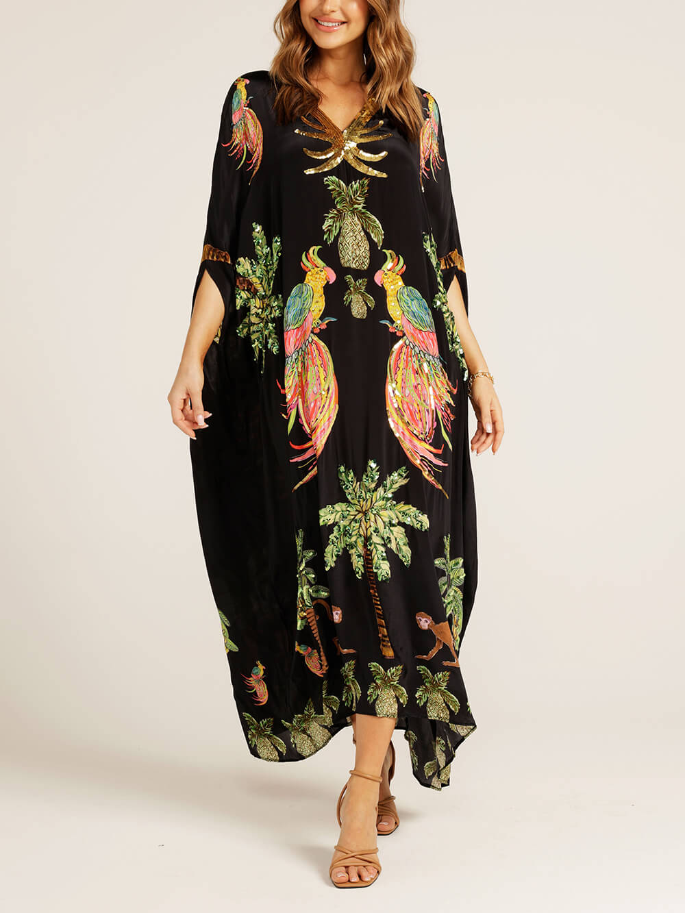 Unique Drop Shoulder Sleeve Graceful Coconut Tree Printed Dress InsStreet