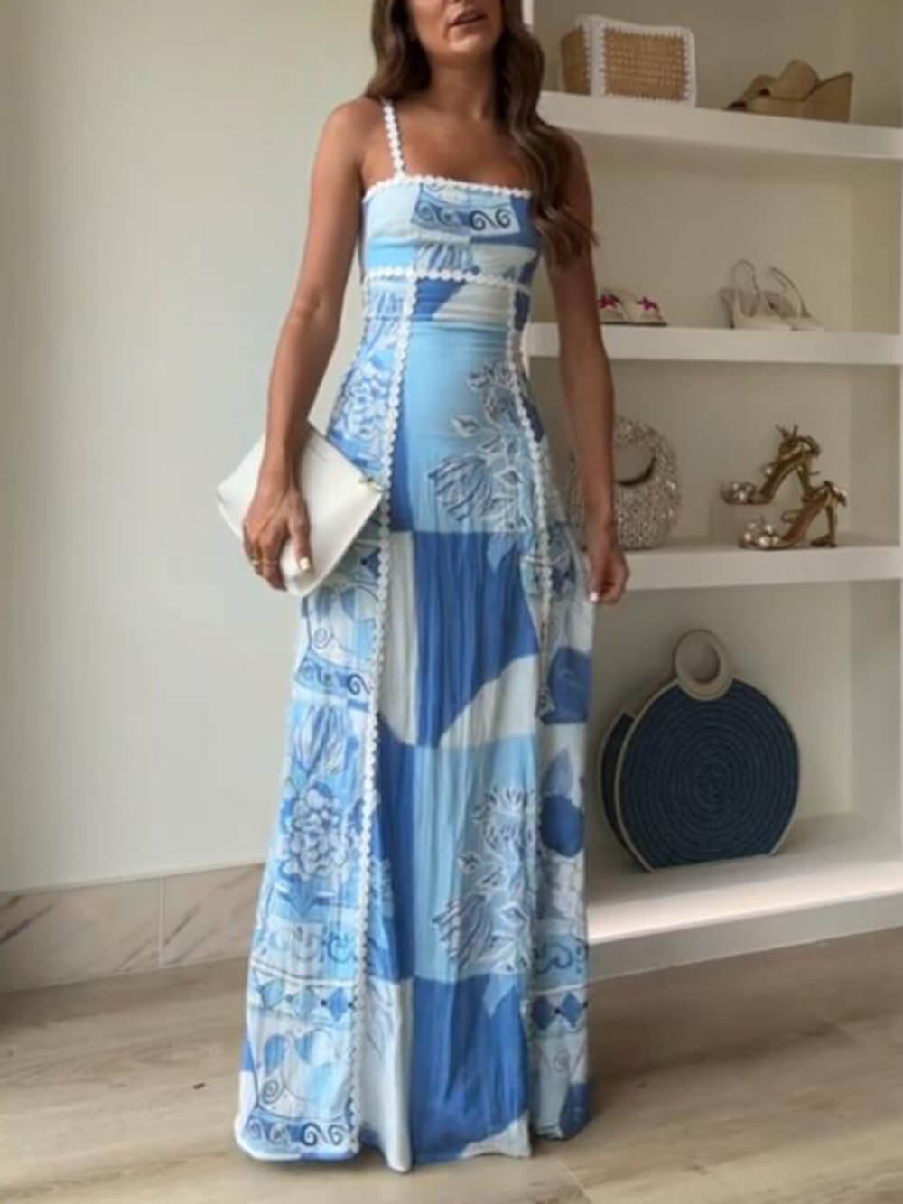 Unique Lace Patchwork Printed Back Trendy Tie Halter Flare Maxi Dresses InsStreet