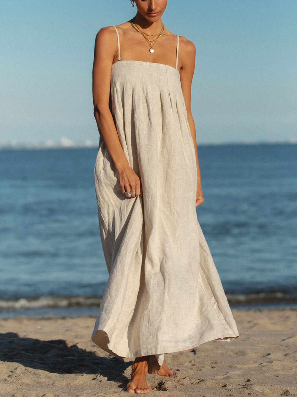 Offshore Pleated Strappy Charming Linen Maxi Dress InsStreet