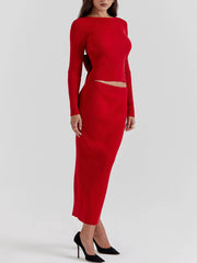 Red Knit-Blend Stylish Maxi Skirt InsStreet