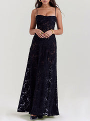 Black Floral Lace Charming Back Maxi Dress InsStreet