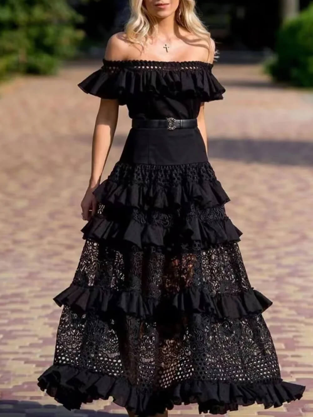 One-Shoulder Ruffled Hollow Swing Graceful Lace Patchwork Long Dress InsStreet