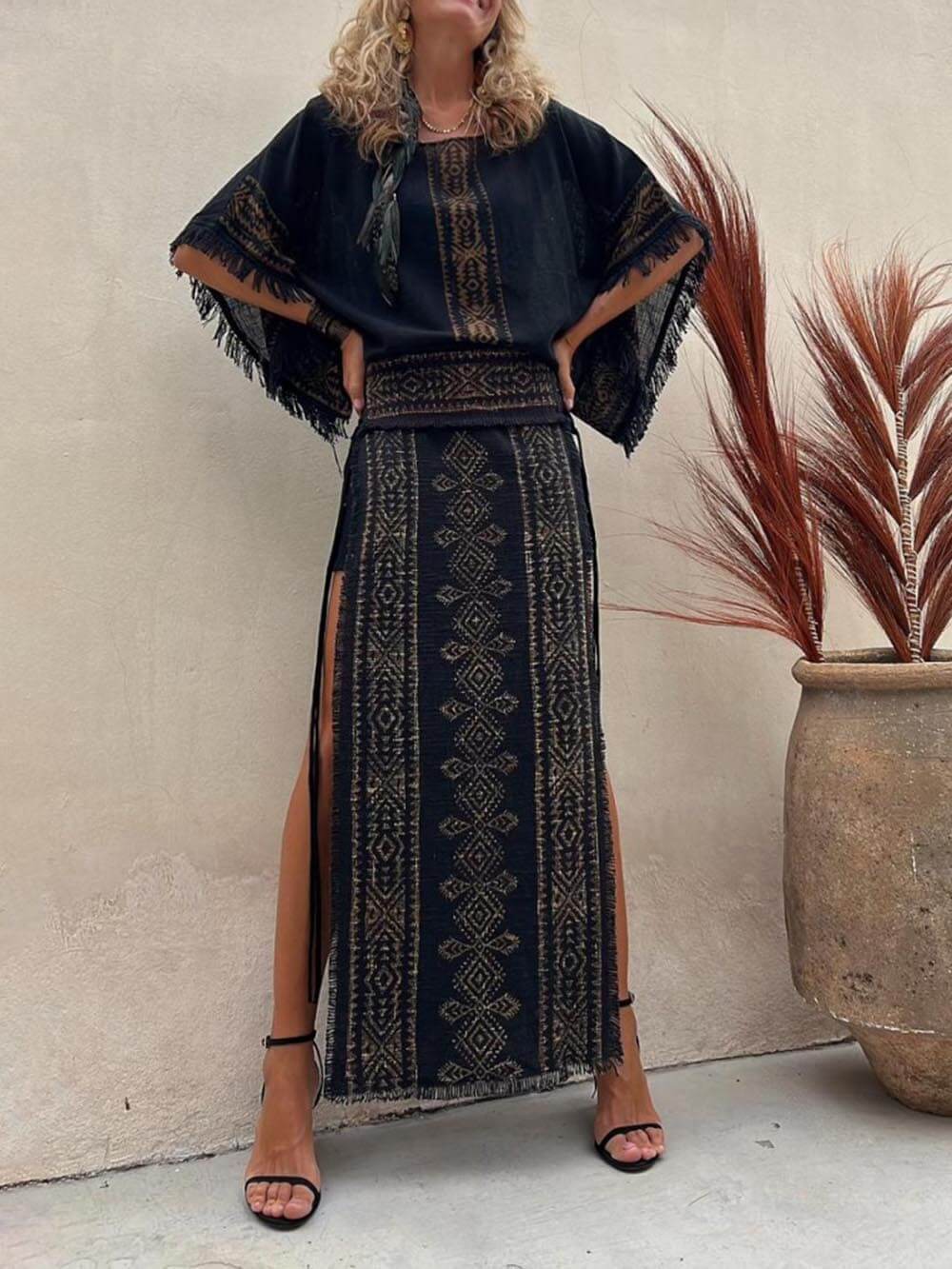 Ethnic Print Patchwork Charming Side Lace-Up Maxi Skirt InsStreet