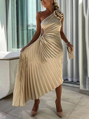 Romantic Night Guilloche Stretch Hollow Trendy One Shoulder Pleated Maxi Dress InsStreet