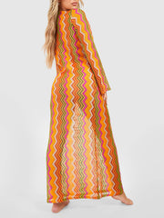 Orange Soda Stripe Print O-Ring Trendy Long Sleeve Beach Maxi Dress InsStreet