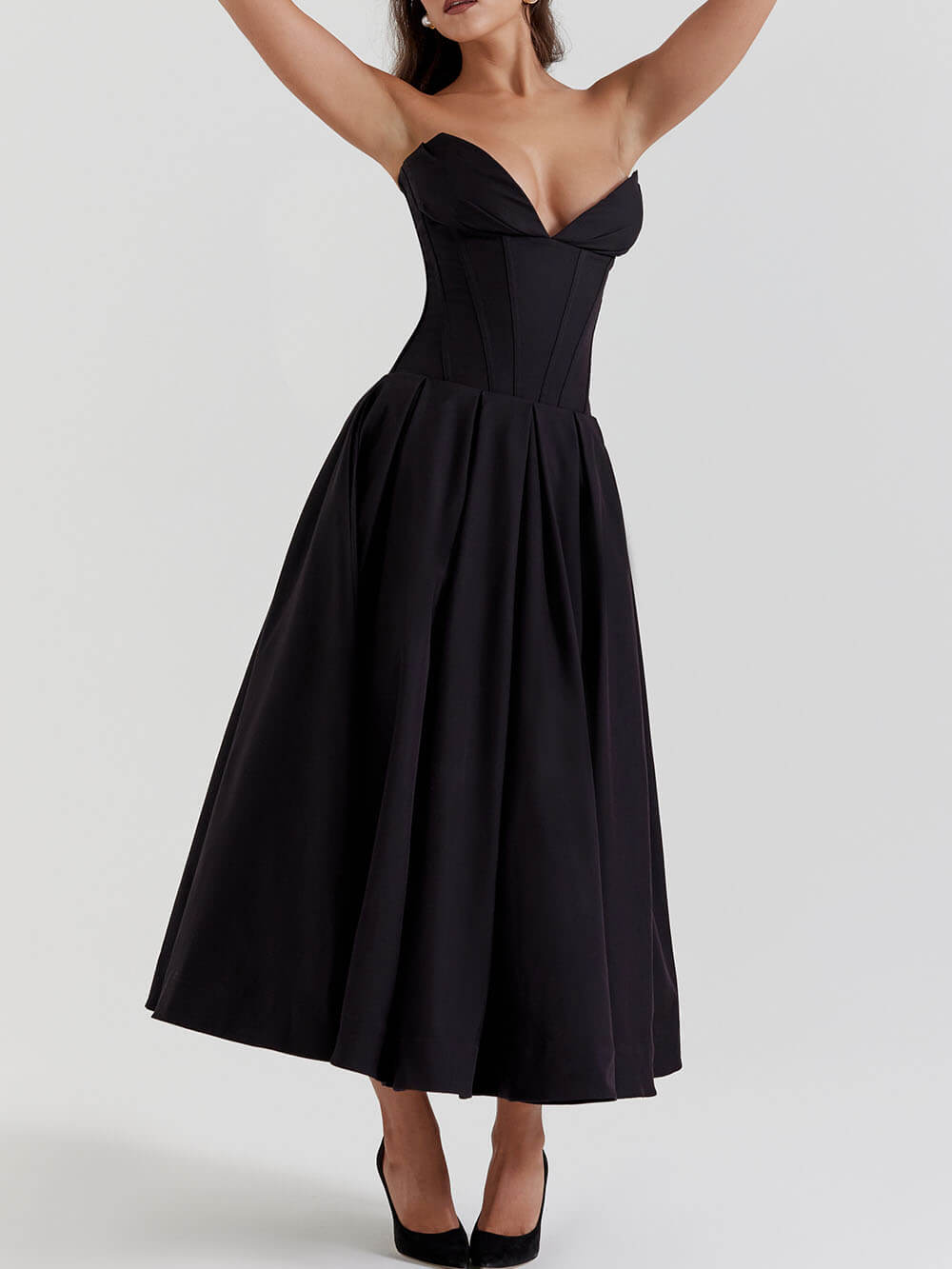 Black Strapless Stylish Midi Dress InsStreet