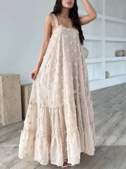 Pretty Flower Decor A-Line Graceful Layered Loose Maxi Dress InsStreet