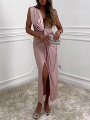 Classic V-Neck Ruched Charming Drape Slit Midi Dress InsStreet