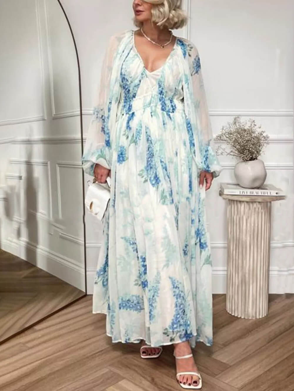 Ocean Flower Chiffon Floral Graceful Drawstring Waist Maxi Dress InsStreet