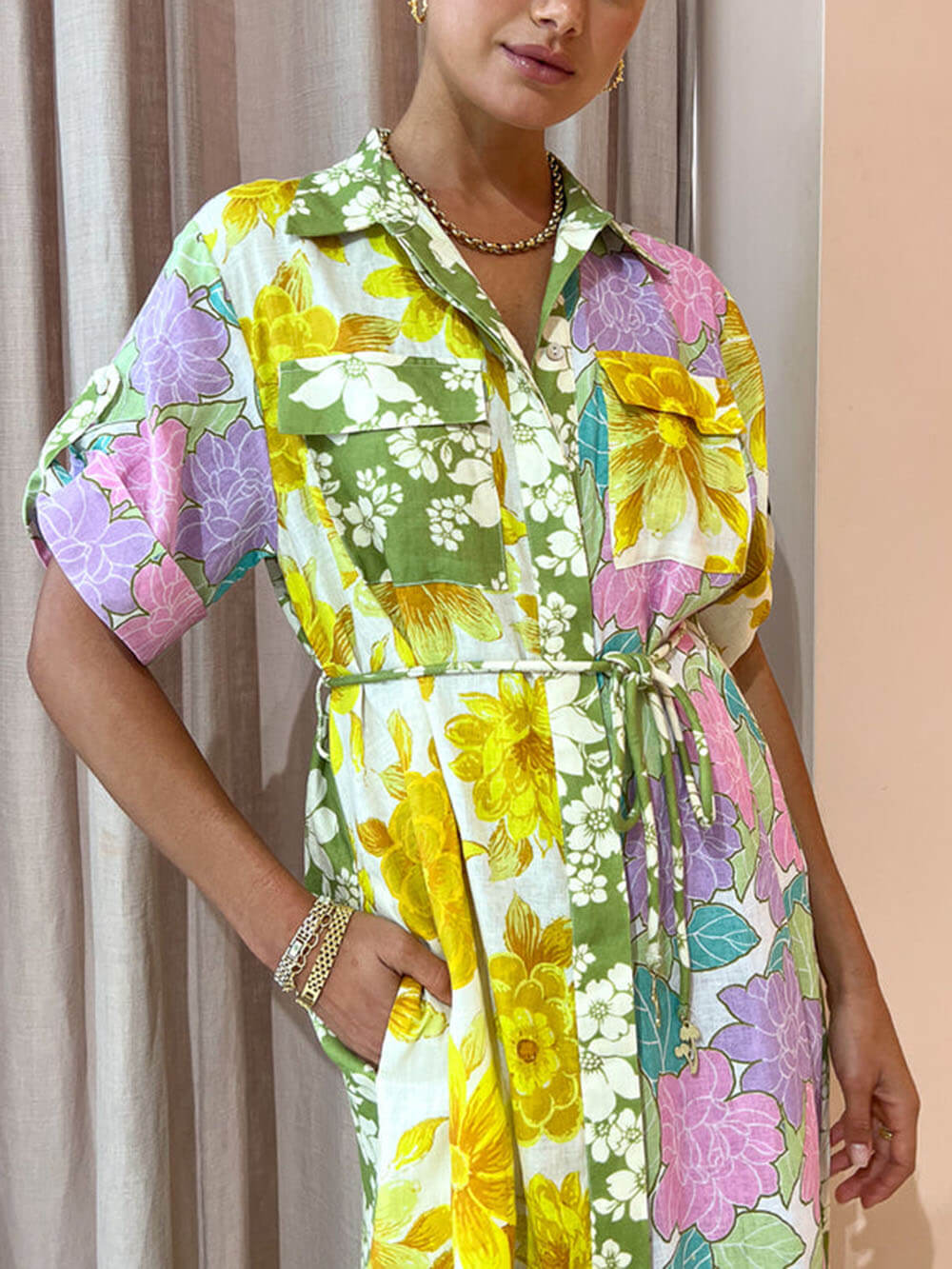 Multicolor Paneled Stylish Shirt-Style Midi Dress InsStreet