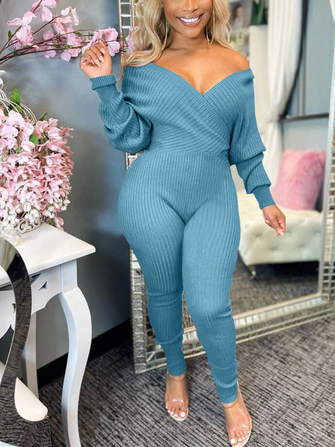 V-Neck Ribbed Jumpsuit Ins Street