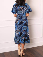 Palm Leaf Print Charming Wrap Over Midi Dress InsStreet