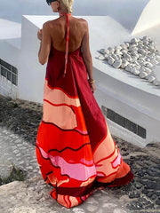 Summer Vacation Style Halter Neck Trendy Printed Backless A-Line Maxi Dress InsStreet