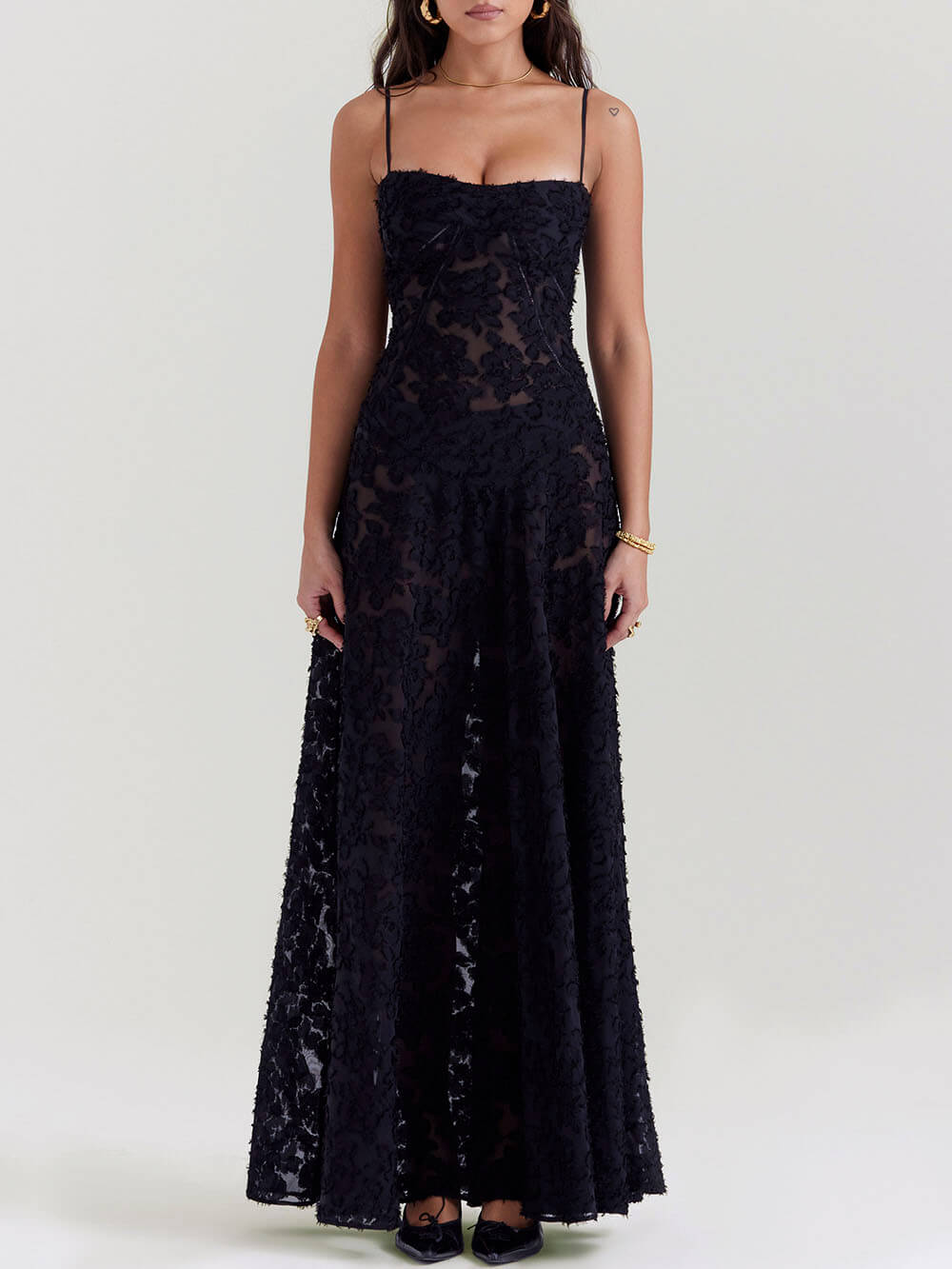 Black Floral Lace Charming Back Maxi Dress InsStreet