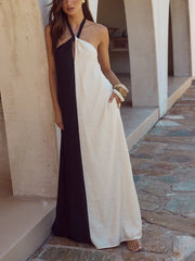 Hanging Neck Bold Contrast Color Trendy Halter Pocketed A-Line Maxi Dress InsStreet