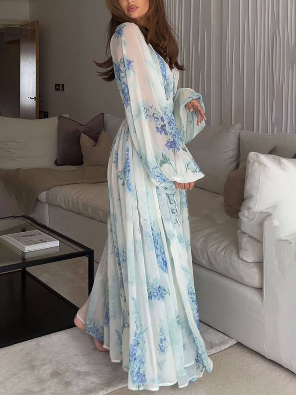 Ocean Flower Chiffon Floral Graceful Drawstring Waist Maxi Dress InsStreet