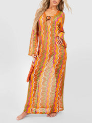 Orange Soda Stripe Print O-Ring Trendy Long Sleeve Beach Maxi Dress InsStreet