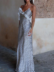 Fantasy Polka Dot Print Graceful Guipure Ruffled Suspender Maxi Dress InsStreet