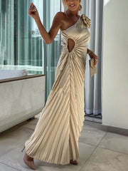 Romantic Night Guilloche Stretch Hollow Trendy One Shoulder Pleated Maxi Dress InsStreet