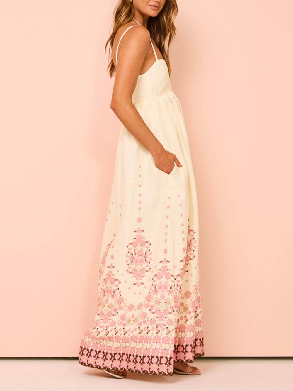 Ethnic Print Halter Charming Cream Extra Maxi Dress InsStreet