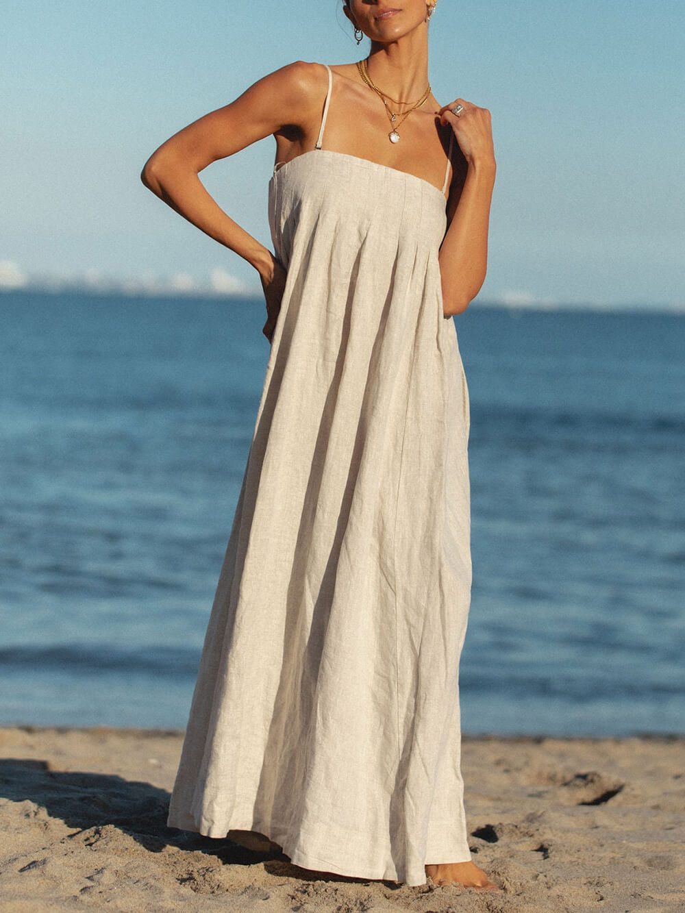 Offshore Pleated Strappy Charming Linen Maxi Dress InsStreet