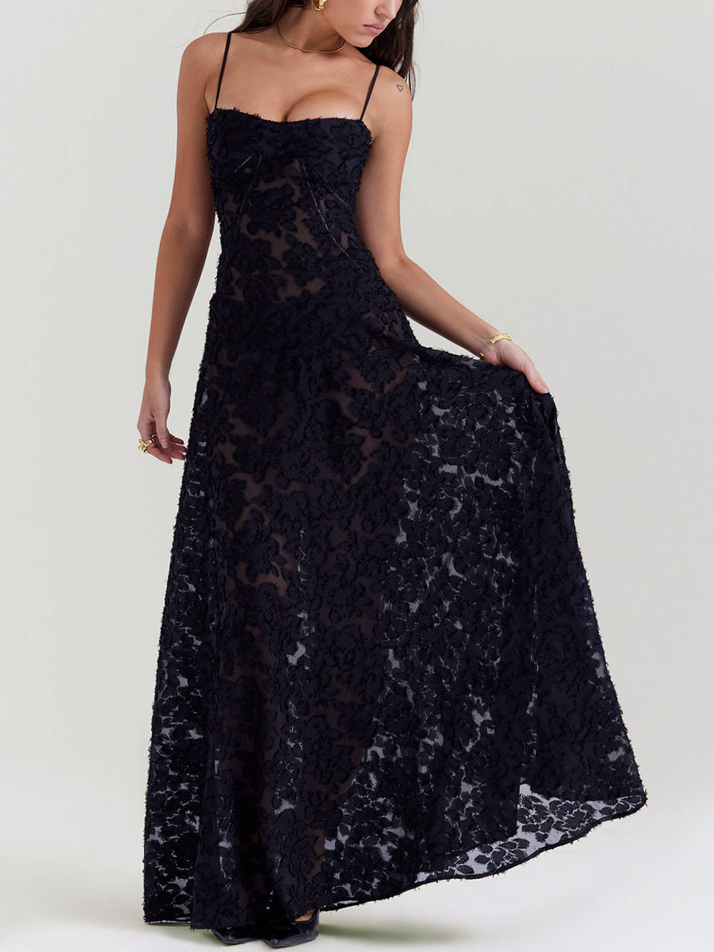 Black Floral Lace Charming Back Maxi Dress InsStreet