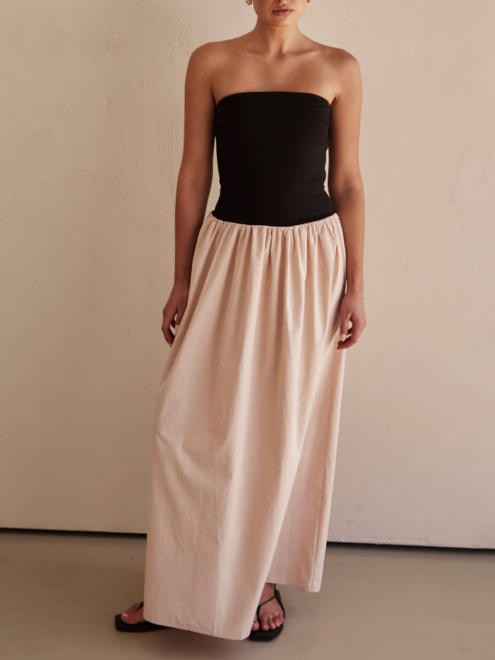 Strapless Black And Charming Sand Paneled Maxi Dress InsStreet