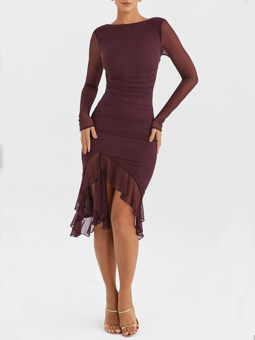 Wine Ruffle Stylish Midi Dress InsStreet