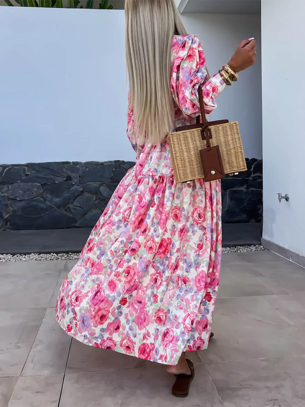 Charming Printed Shirt Buttons Graceful Plain Gold Floral Maxi Dress InsStreet