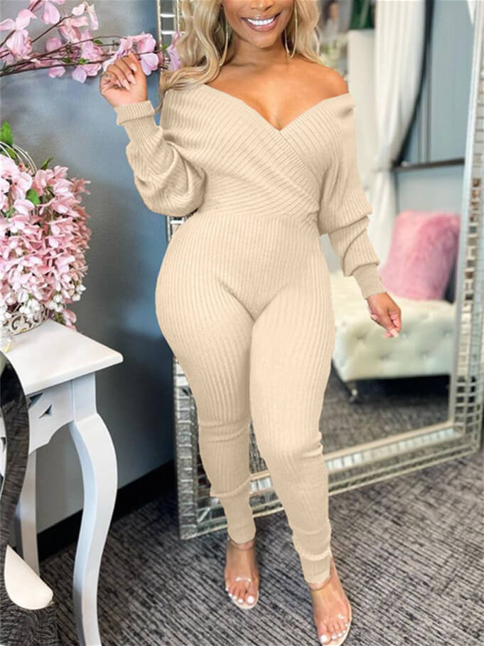 V-Neck Ribbed Jumpsuit Ins Street