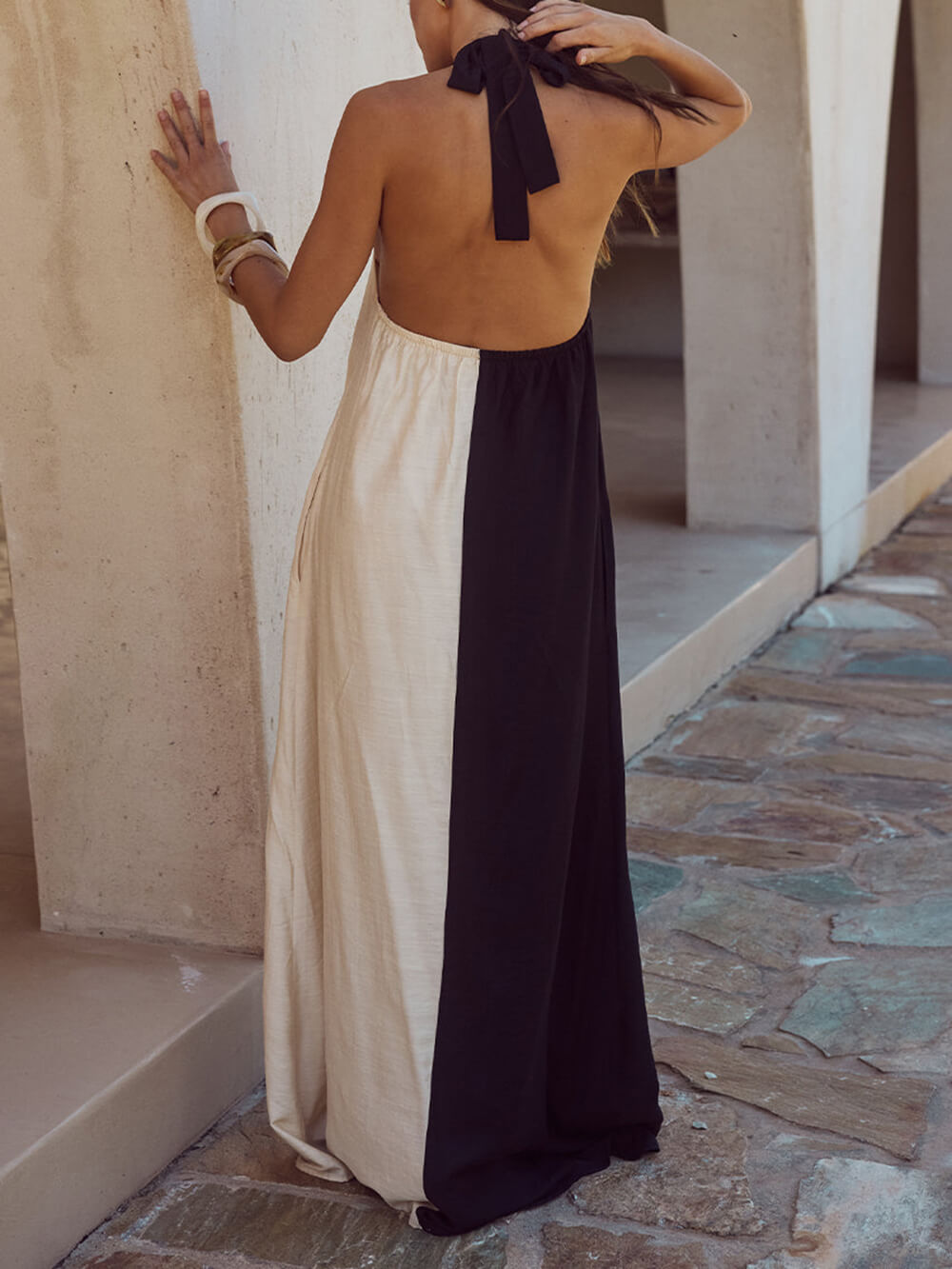 Hanging Neck Bold Contrast Color Trendy Halter Pocketed A-Line Maxi Dress InsStreet