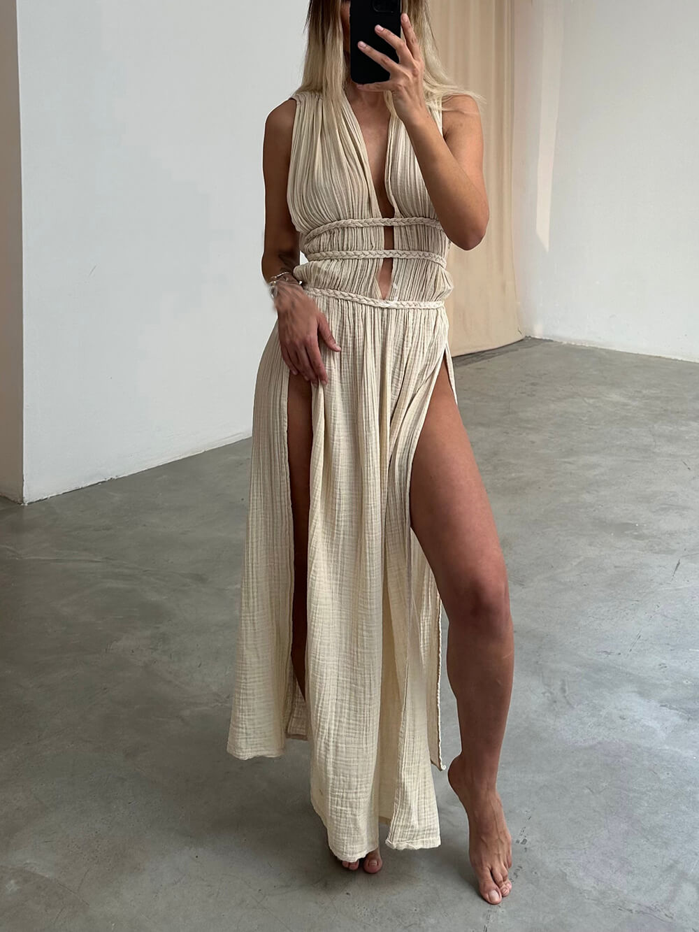 Boho Braids Belt Cutout Graceful Slit Kaftan Maxi Dress InsStreet