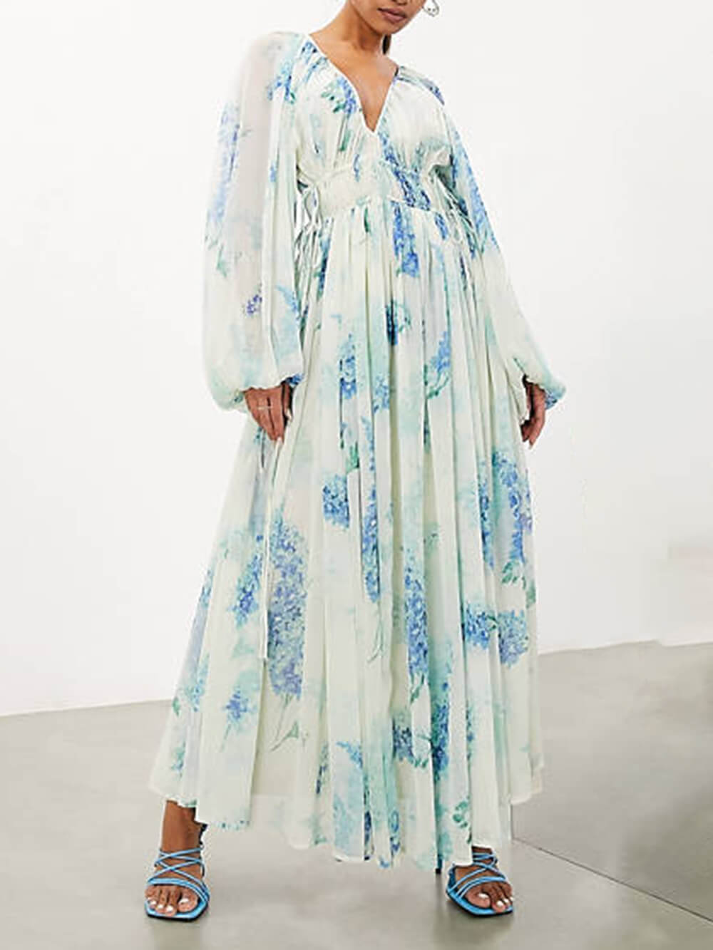 Ocean Flower Chiffon Floral Graceful Drawstring Waist Maxi Dress InsStreet