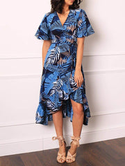 Palm Leaf Print Charming Wrap Over Midi Dress InsStreet