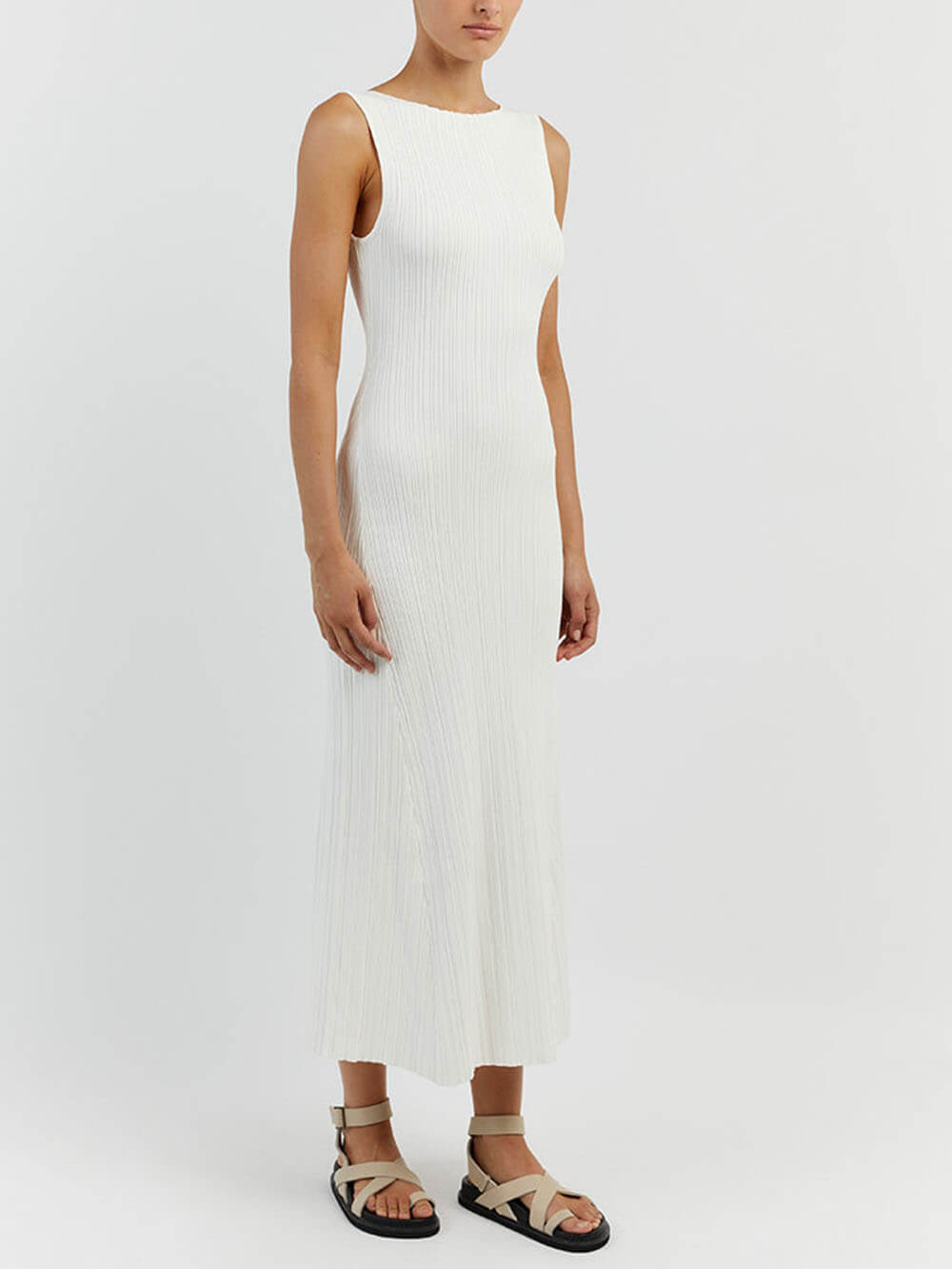 Off-White Sleeveless Stylish Midi Dress InsStreet