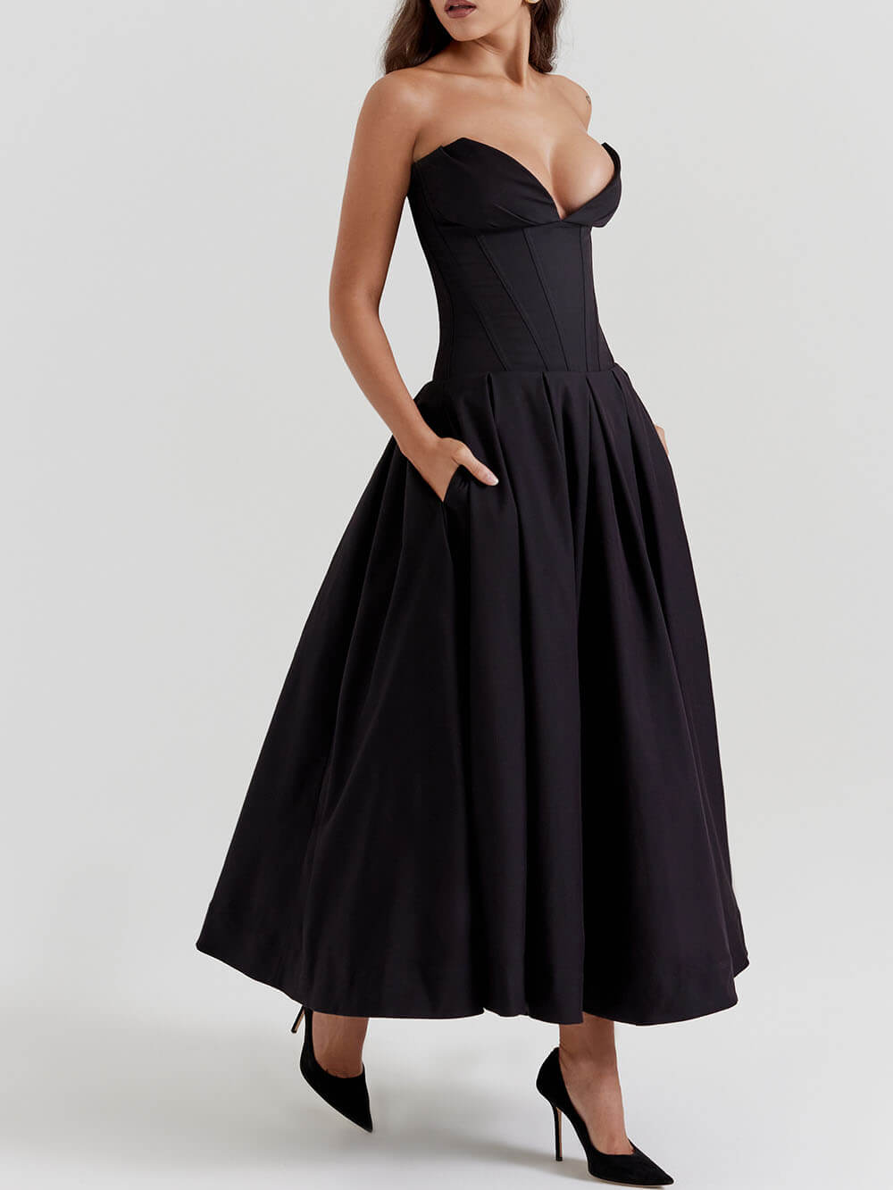 Black Strapless Stylish Midi Dress InsStreet