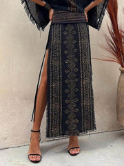 Ethnic Print Patchwork Charming Side Lace-Up Maxi Skirt InsStreet