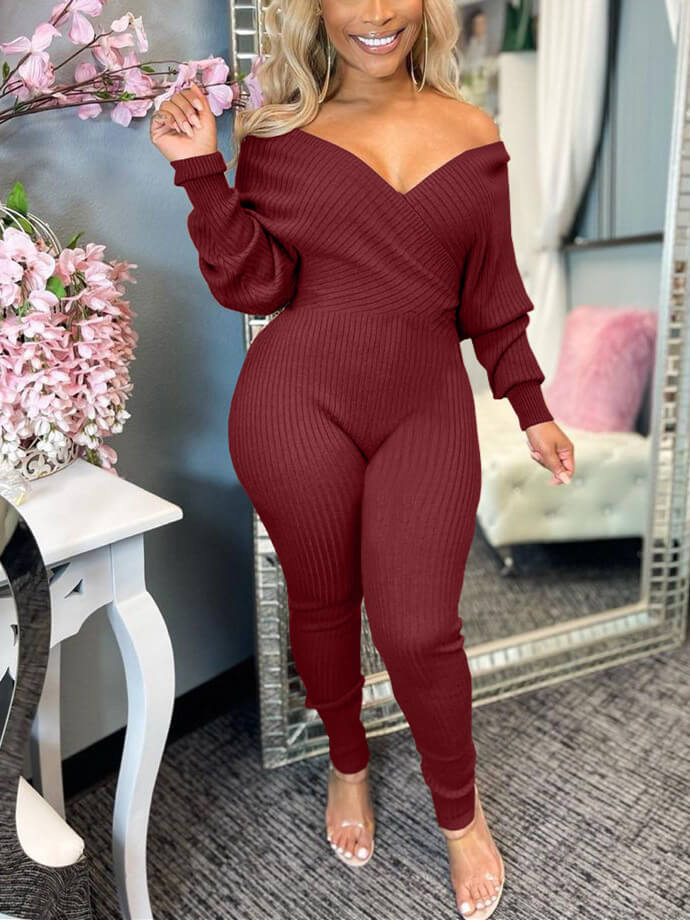 V-Neck Ribbed Jumpsuit Ins Street