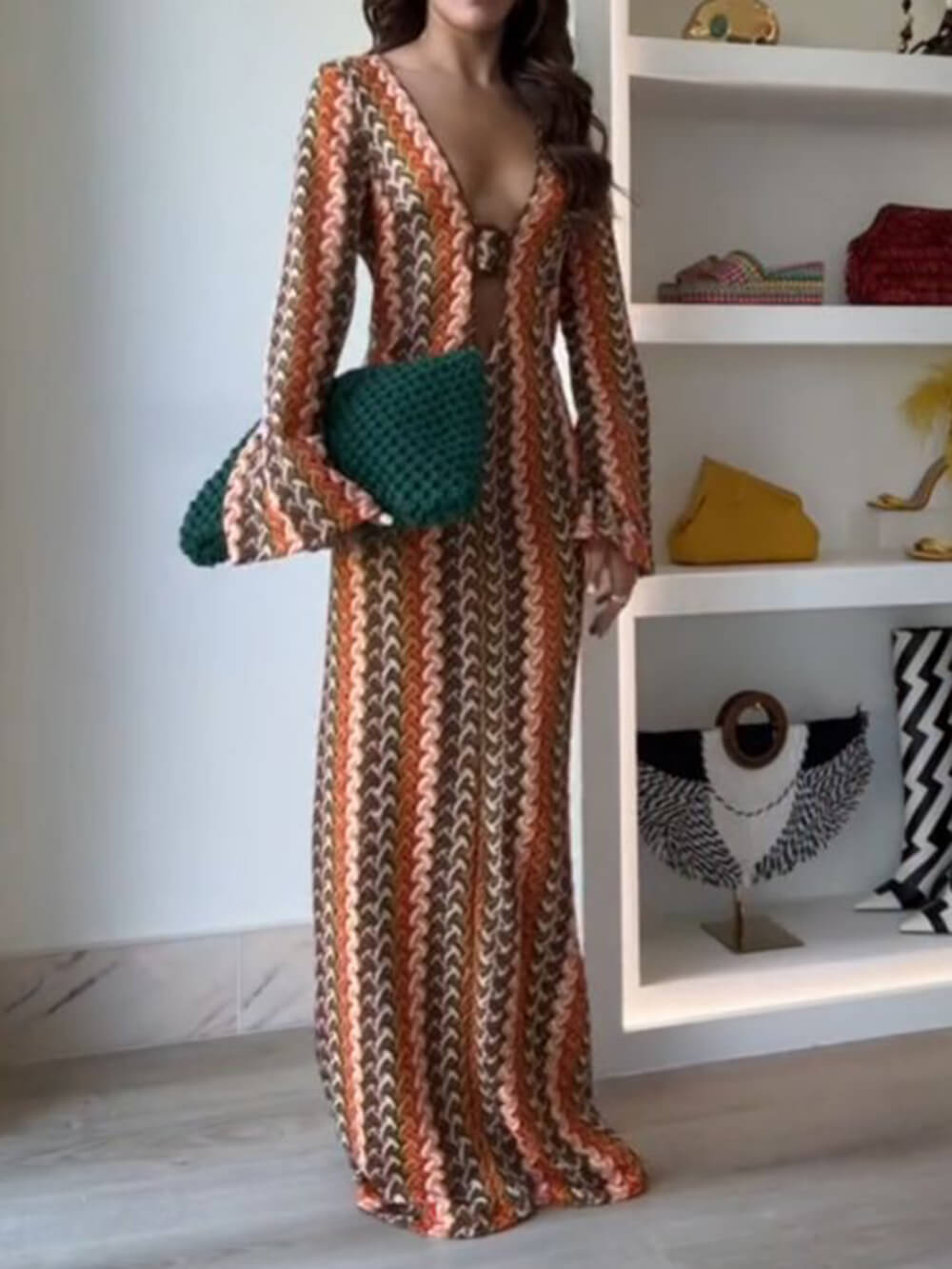 Orange Soda Stripe Print O-Ring Trendy Long Sleeve Beach Maxi Dress InsStreet