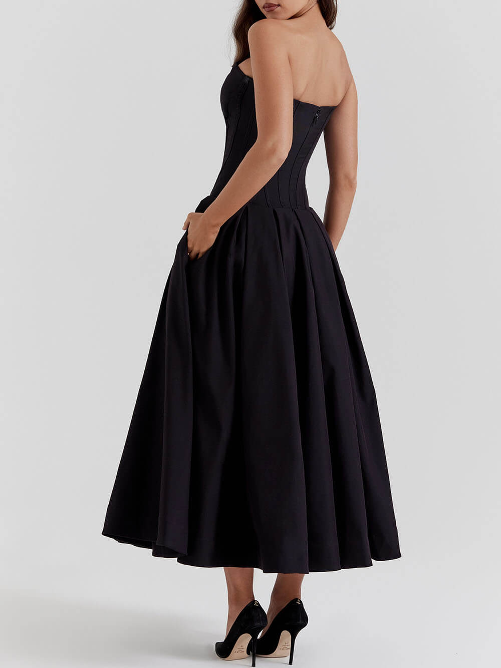 Black Strapless Stylish Midi Dress InsStreet