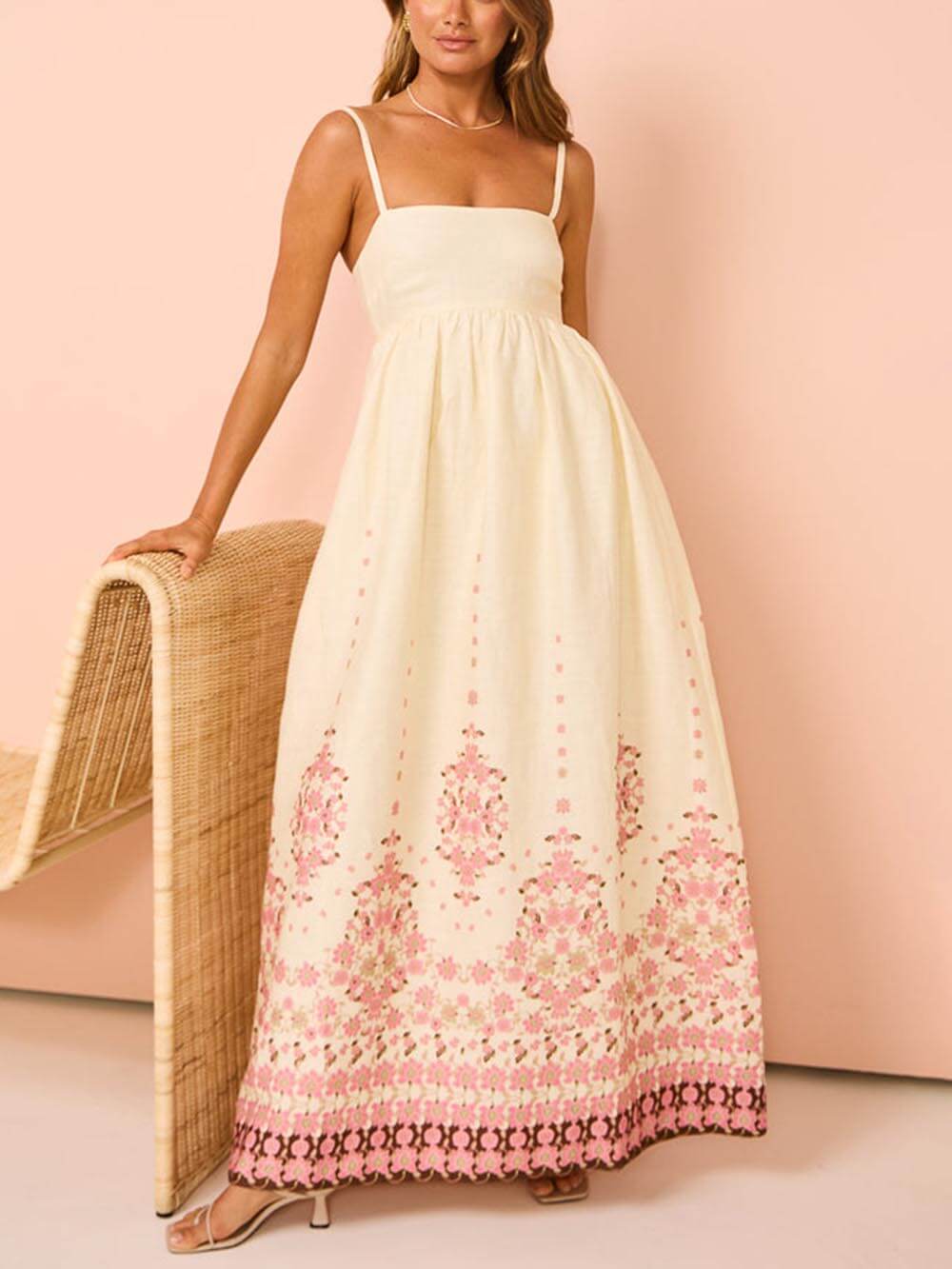 Ethnic Print Halter Charming Cream Extra Maxi Dress InsStreet