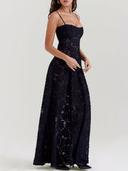 Black Floral Lace Charming Back Maxi Dress InsStreet