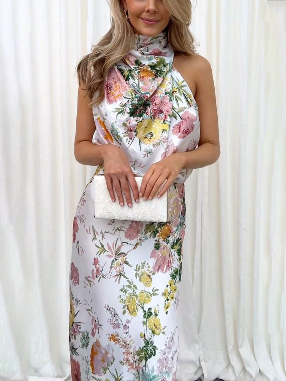 Floral Halter Neck Charming Elastic Waist Maxi Dress InsStreet