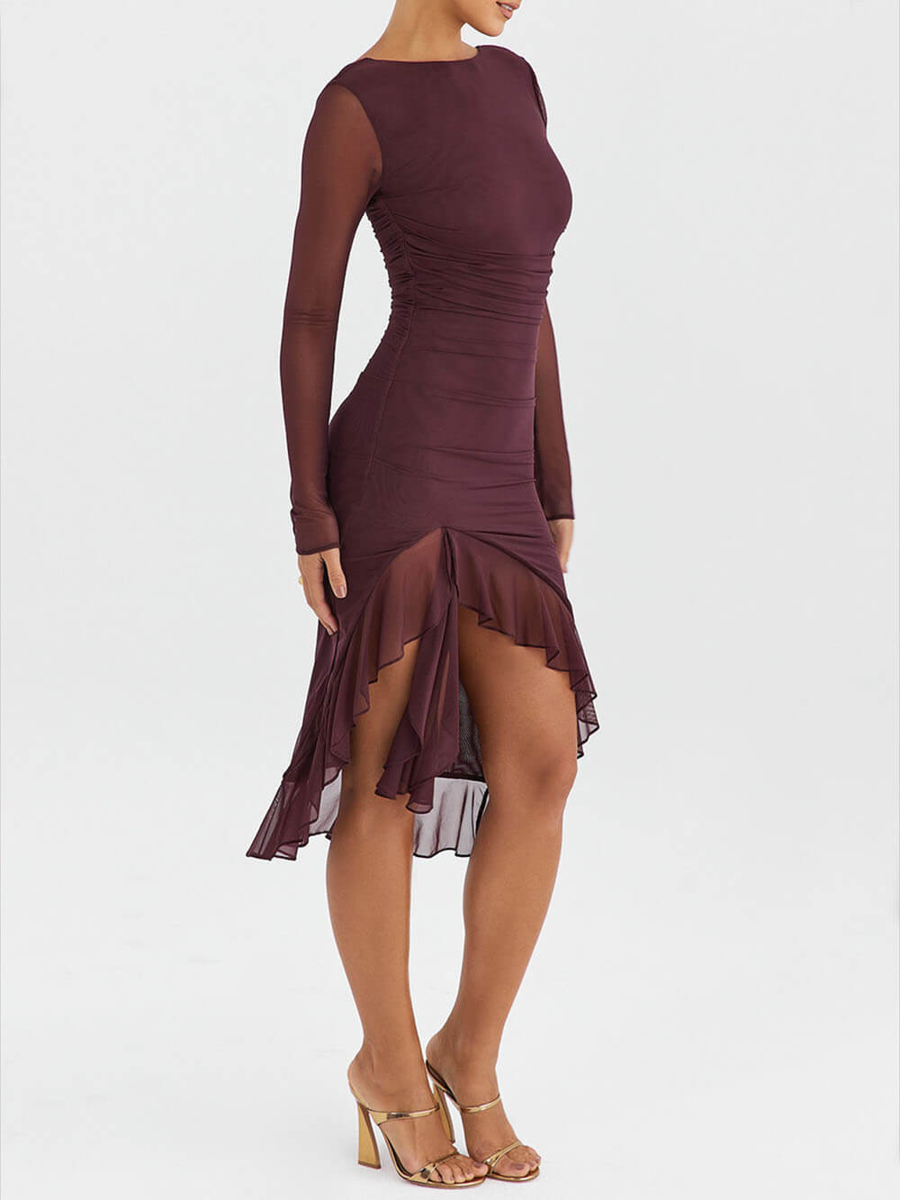 Wine Ruffle Stylish Midi Dress InsStreet