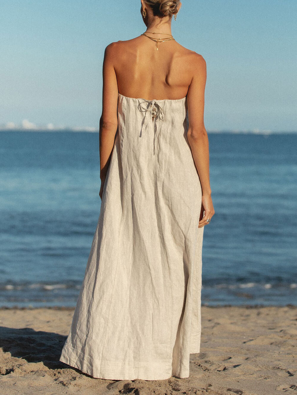 Offshore Pleated Strappy Charming Linen Maxi Dress InsStreet