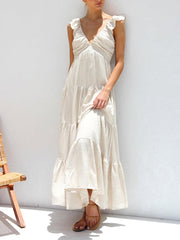 Ruffled Flying Sleeves Smocked Graceful Back Tiered Vacation Maxi Dress InsStreet