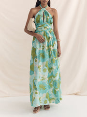 Elegant Versatile Halter Neck Graceful Printed Pleated Maxi Dress InsStreet